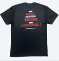 Black t-shirt with motivational text 'REBUILD TO BECOME UNBREAKABLE' in red and white on a white background