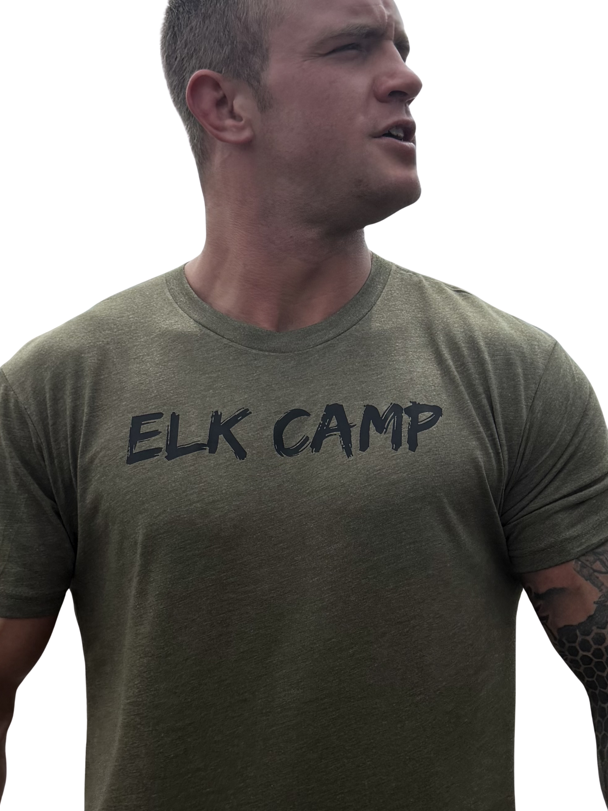 Man wearing a green t-shirt with 'ELK CAMP' text on a white background